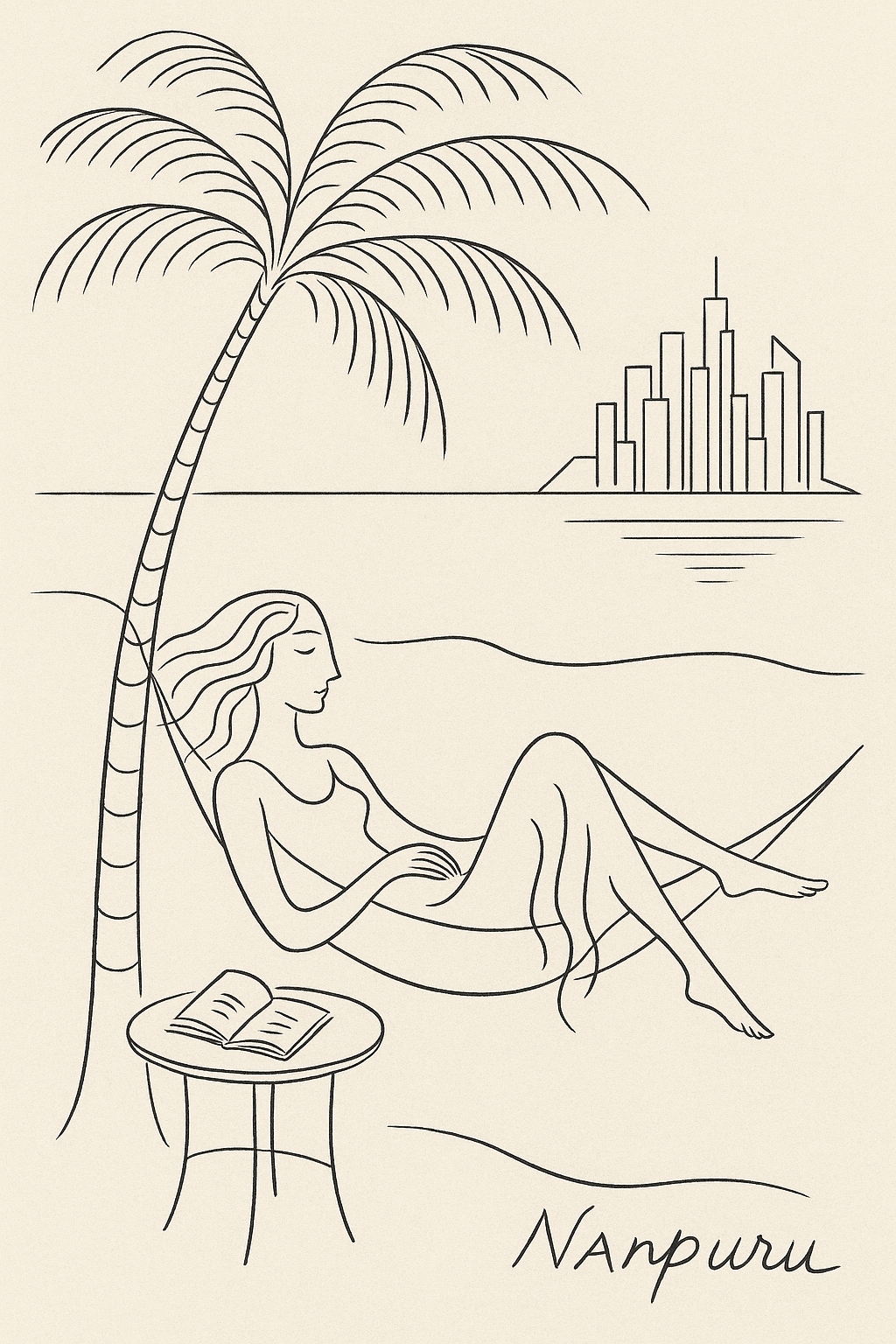 ビーチで本を読みながらくつろぐ人と椰子の木 — 南風のたゆらぎ